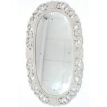 A similar large white painted & carved wood frame oval wall mirror inset bevelled plate, 49” x 28”.