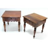A near pair of teak square occasional tables each fitted frieze drawer, & on baluster-turned legs,