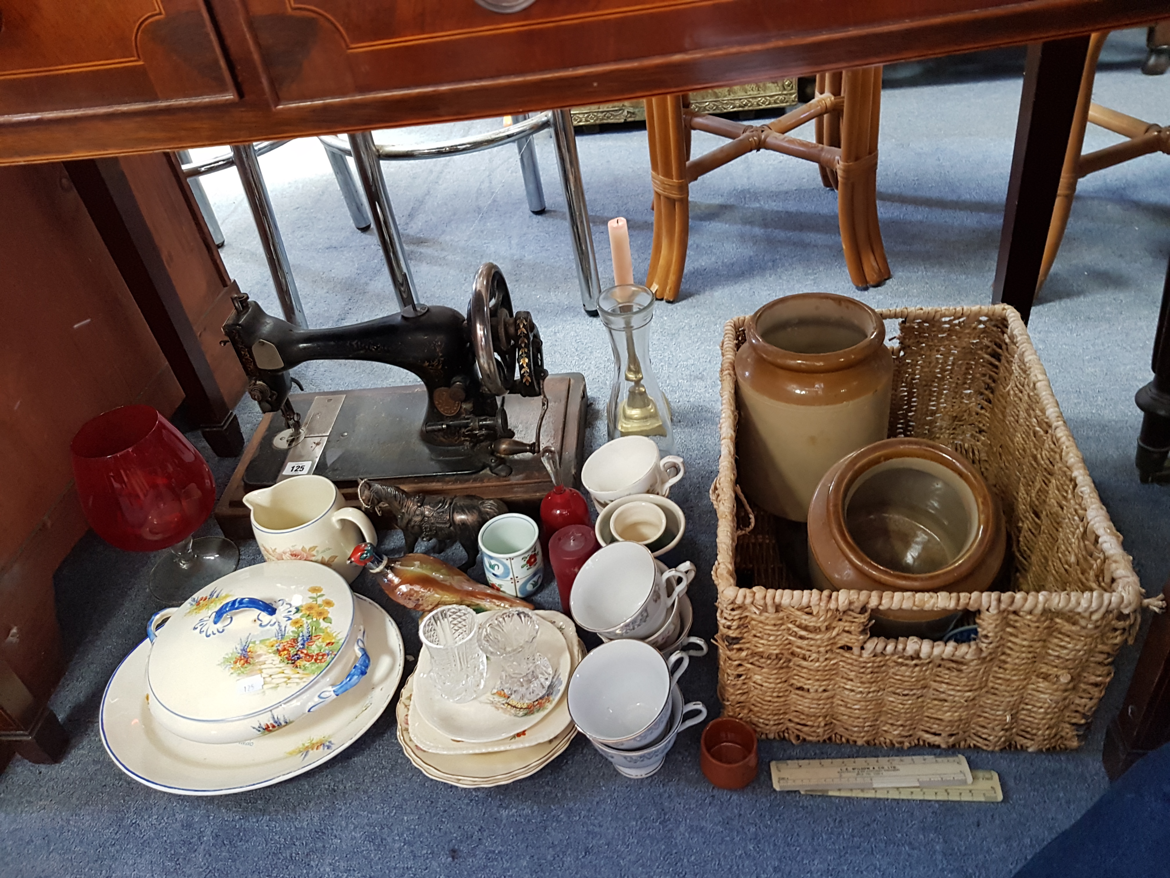 A Singer hand sewing machine (lacking case); ten stoneware storage jars; & various items of