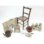 A rail-back occasional chair; a milking stool; a picnic table; six stoneware foot warmers; various
