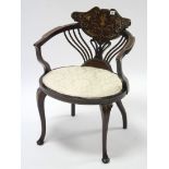 An Edwardian inlaid-mahogany splat-back elbow chair with padded oval seat & o slender cabriole