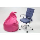 A silvered-metal frame swivel office chair & a pink beanbag.