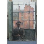 HOPE, Joe. (20th century). An interior scene with male figure seated beside a large sash window, oil