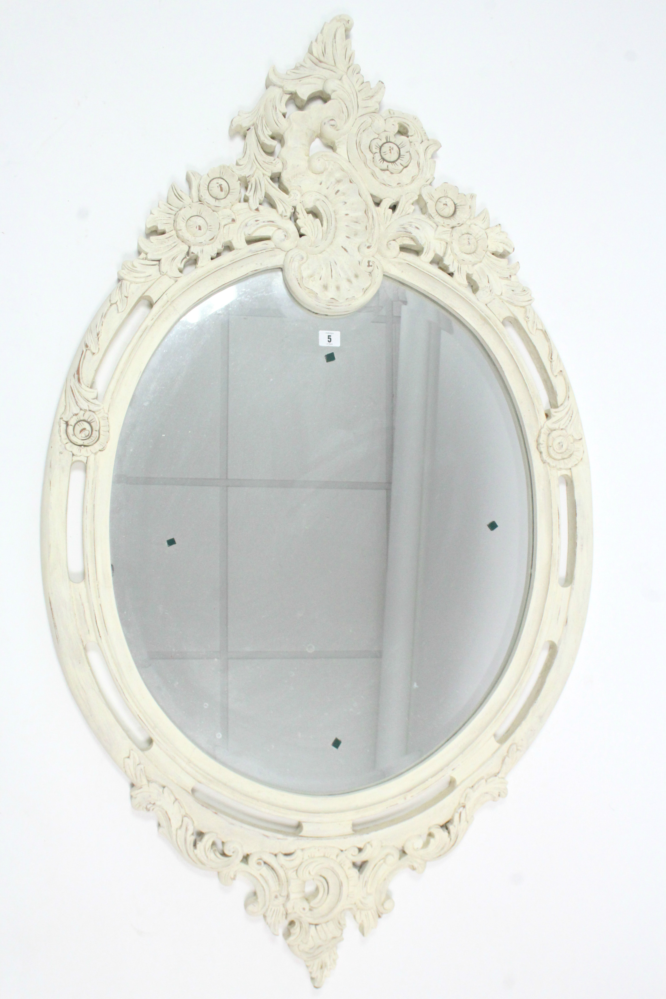 A similar large white painted & carved wood frame oval wall mirror inset bevelled plate, 55” x 32”.