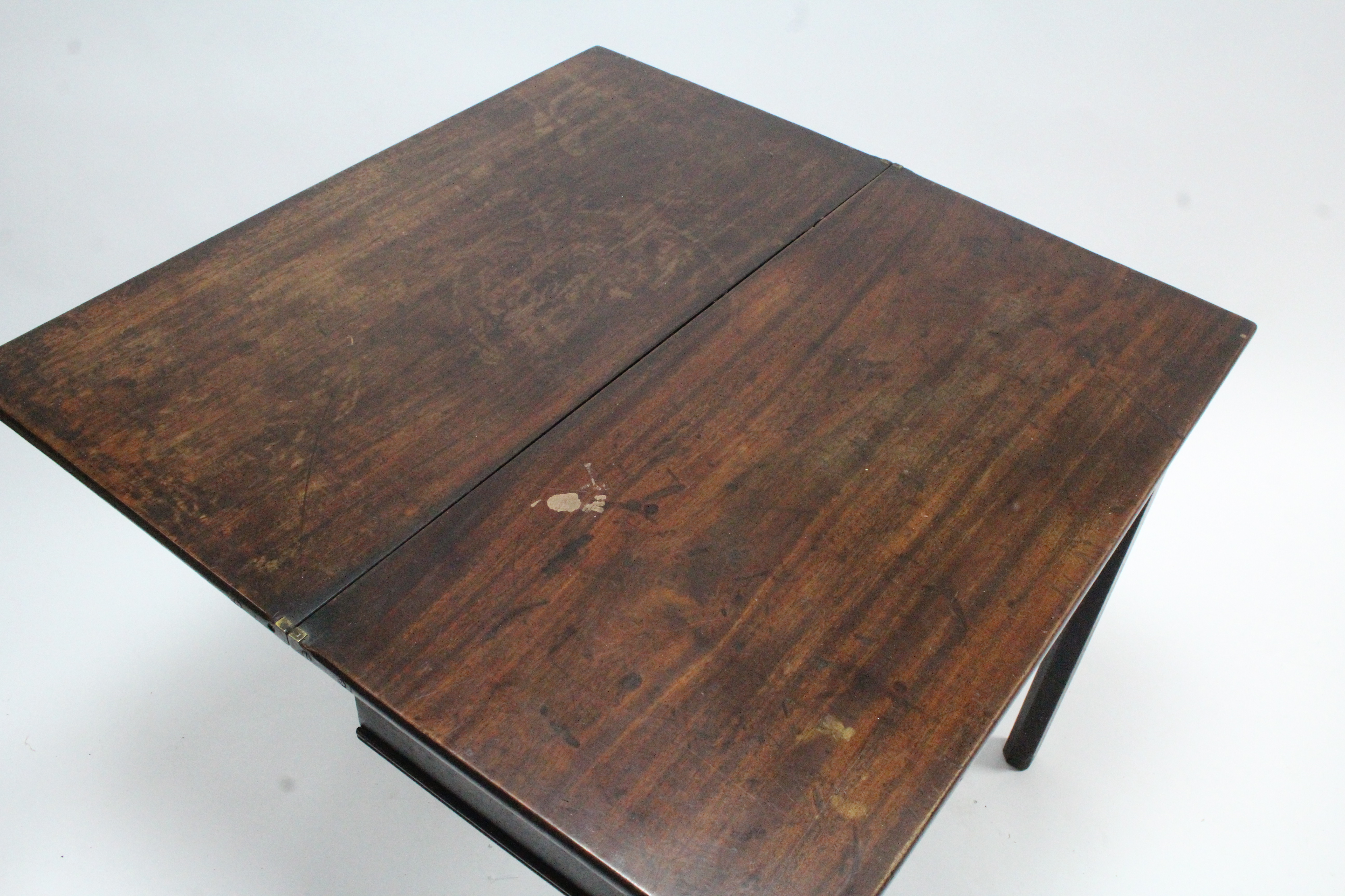 A 19th century mahogany tea table with rectangular fold-over top & on square chamfered legs, 32” - Image 4 of 4