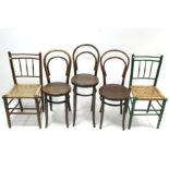Three bentwood café chairs; & a pair of spindle back occasional chairs.