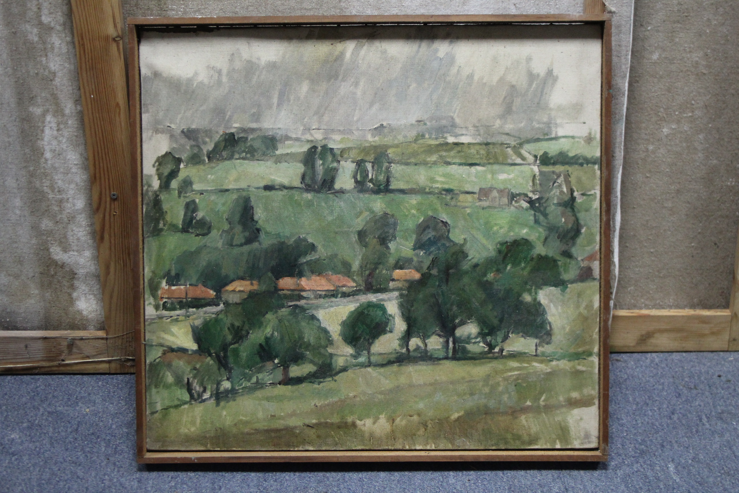 ENGLISH SCHOOL, mid-20th century. A rural landscape with trees & farm buildings; oil on canvas: