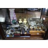 Various items of platedware & cutlery; a pair of alabaster table lamps; four trinket boxes; & sundry
