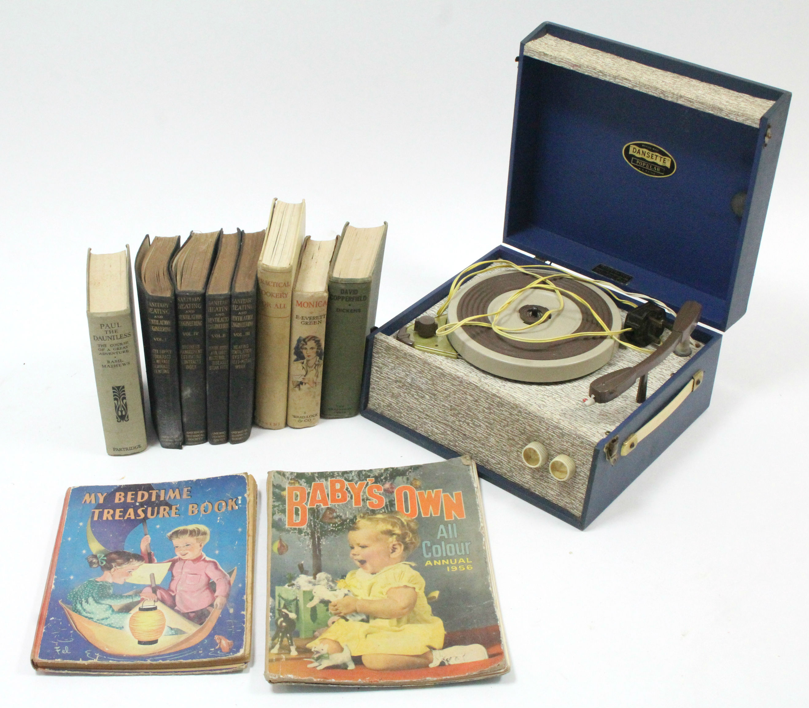 A Dansette “popular” portable record player; & various children’s books.