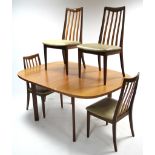 A G-Plan teak extending dining table with D-shaped ends, centre leaf, & on square legs, 44" x 62" (