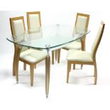 A modern maple-finish & silvered-metal frame dining table on slender legs, & with bevelled plate-