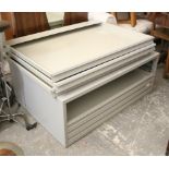 A light grey finish metal five-drawer plan chest, 52” wide x 19” high x 36¼” deep.