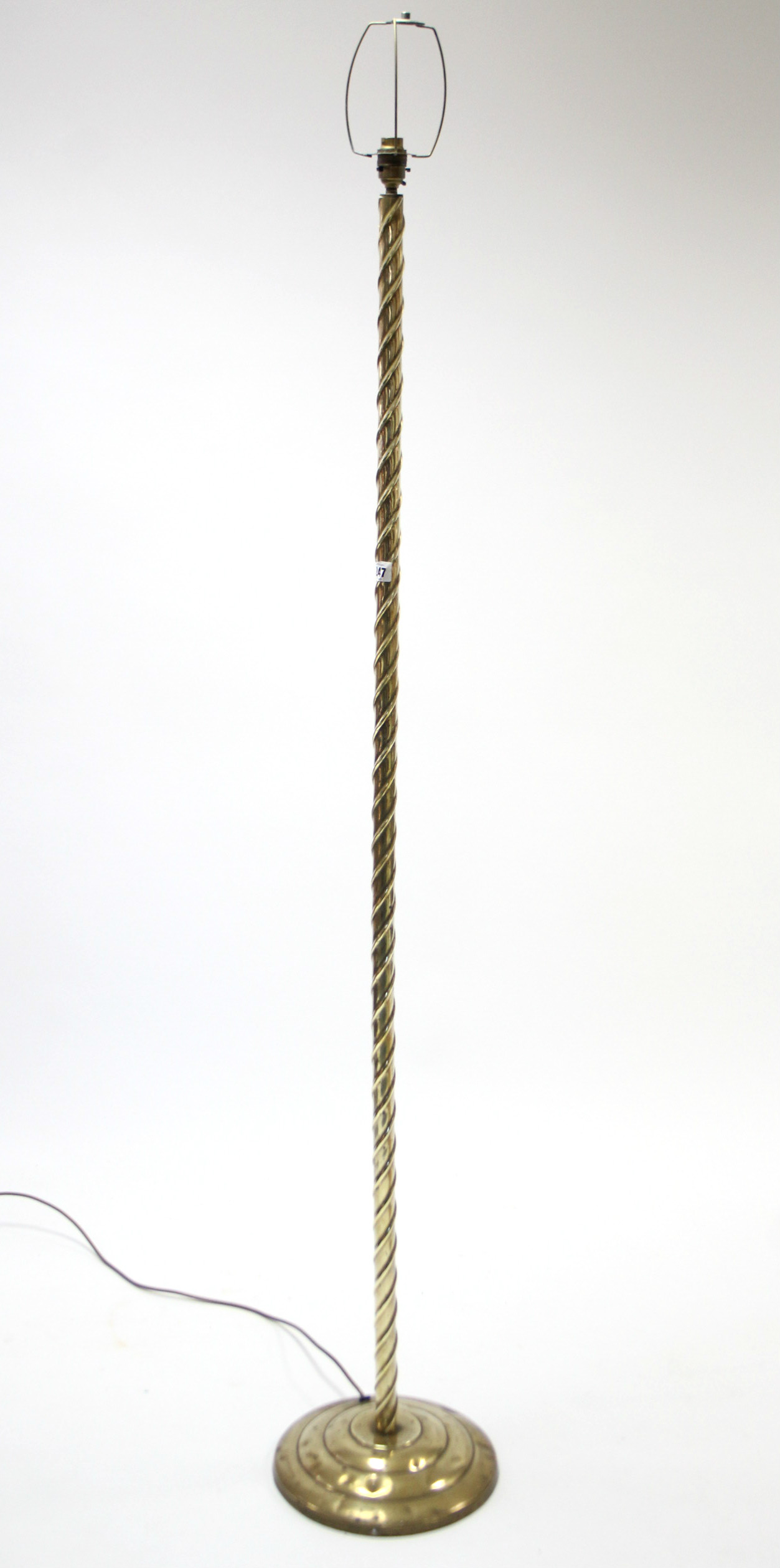 A brass standard lamp with spiral-twist centre column & on circular stepped base, with shade. - Image 2 of 4