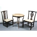 A 19th century splat-back dining chair; a similar ditto; & a mahogany octagonal occasional table.