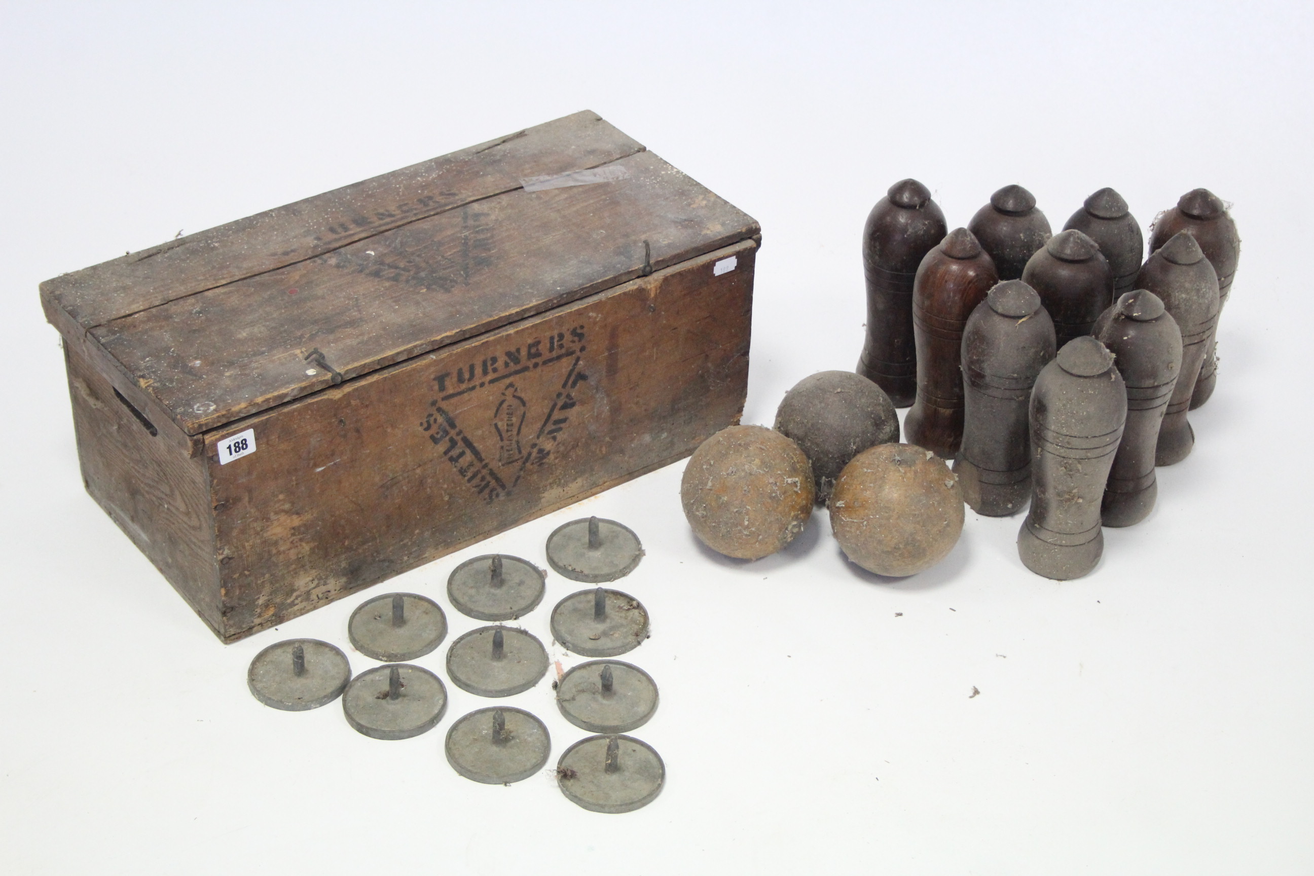 A Turner’s wooden skittles set, cased.