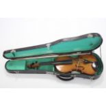 A violin & bow (violin 23½" long), with case.