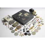 A pair of silver plated grape scissors; two antique purses; a small quantity of costume jewellery,