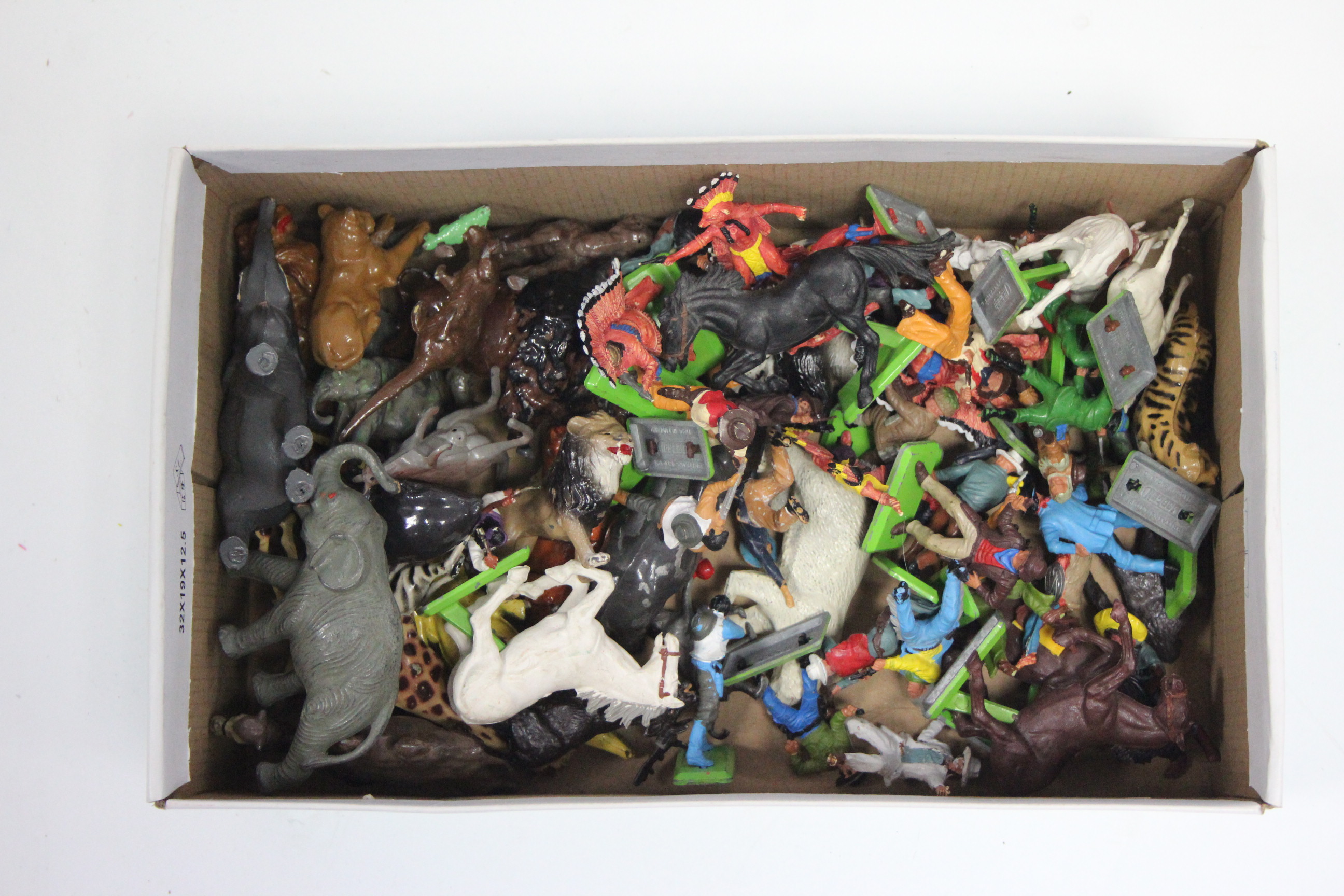 Thirty-six various painted lead zoo animal models; & various plastic cowboy & Indian figures, etc.