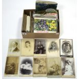 Thirty-four carte-de-visite portrait studies; & various loose postcards & Brooke Bond picture card