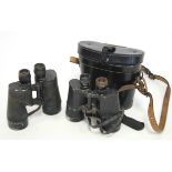 A pair of Canadian WWII field glasses, un-cased; & another pair of field glasses, cased.