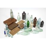 Five various wooden tobacco boxes; & various glass & stoneware bottles.