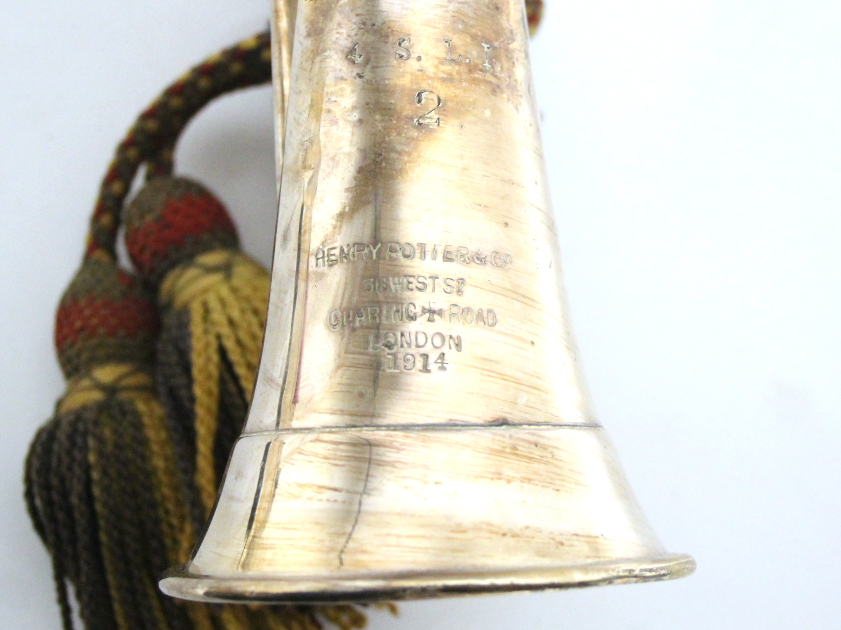 A WWI 4th Somerset Light Infantry regiments chrome plated bugle, inscribed “HENRY POTTER & CO. 36 - Image 3 of 6