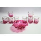 A Victorian cranberry glass sugar bowl with flared rim, 6¼” diameter; & a set of eight Victorian