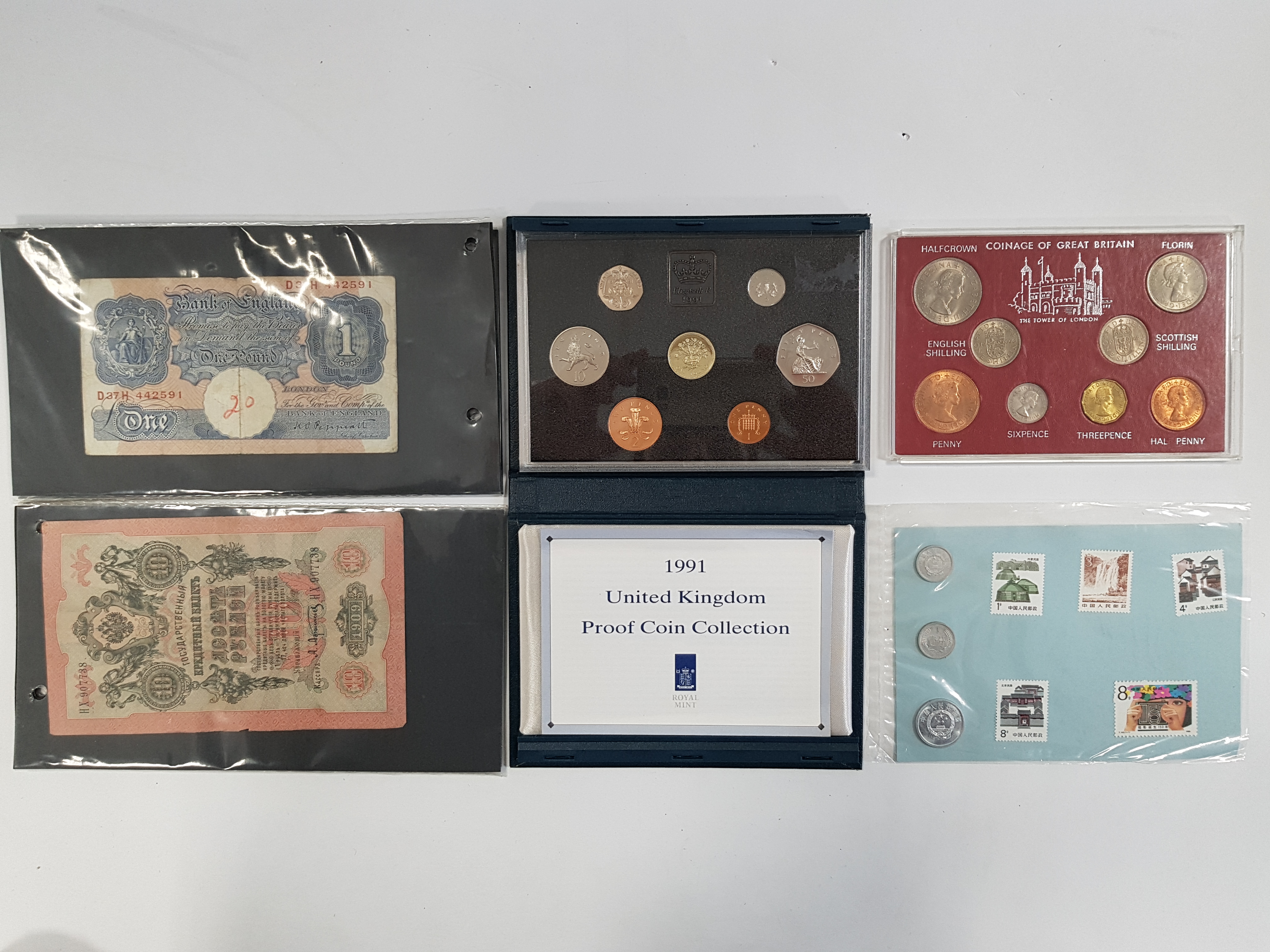 Various G. B. & foreign coin sets, banknotes, etc