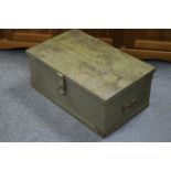 A pale green painted pine & iron-bound tool chest with hinged lift-lid & wrought-iron side
