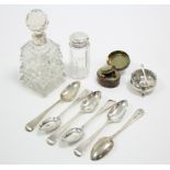 A silver circular salt cellar (hallmarks rubbed); together with a set of six silver teaspoons; two