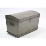 A light grey painted pine dome-top travelling trunk with hinged lift-lid, & wrought-iron side