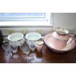 A Stuart Border Burslem toilet jug, basin & toothbrush vase, of pink ground & with rose