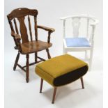 A white painted splat-back corner chair with padded seat, &on square legs with plain stretchers;