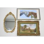 A gilt metal frame oval wall mirror, 19½” x 11”; 7 ten various decorative paintings, all framed.