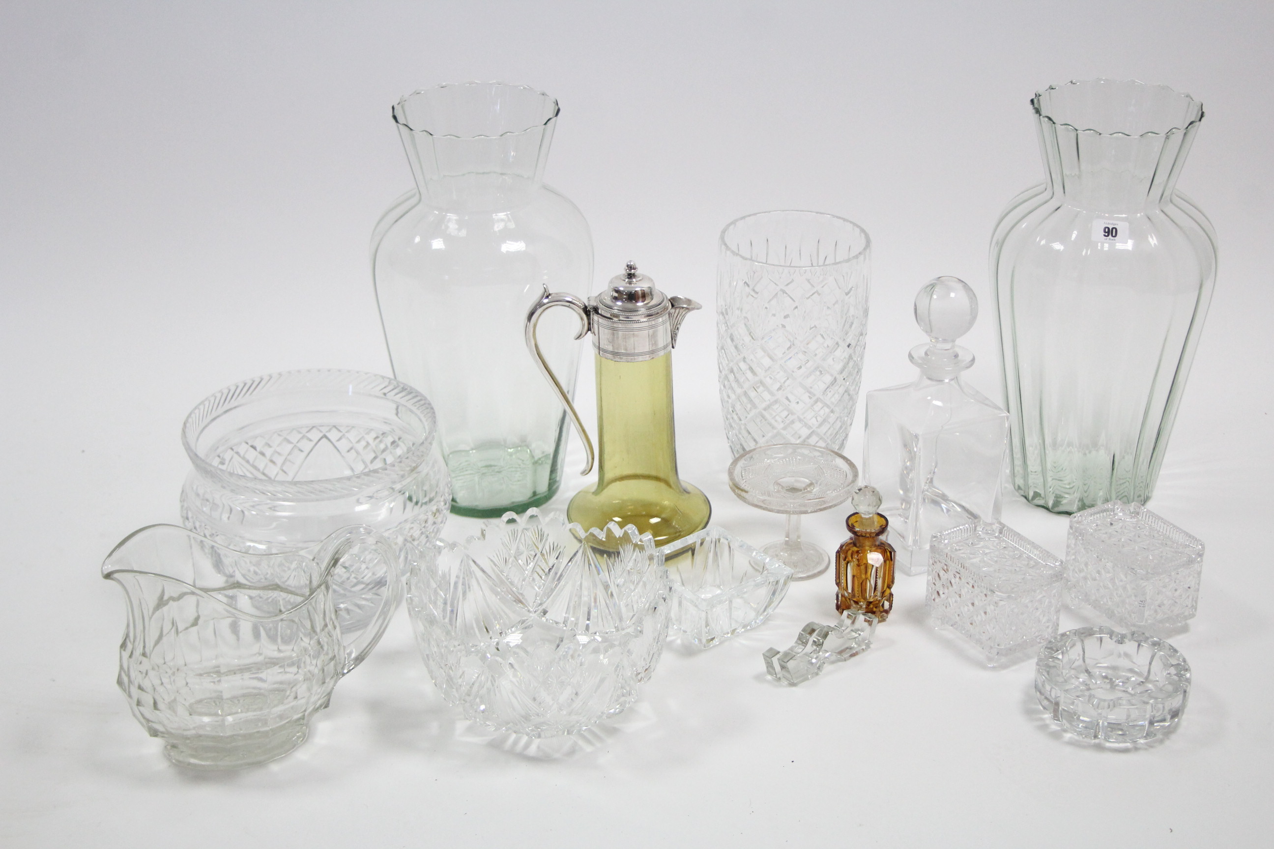 A large pair of glass vases of ovoid form, 15” high; two heavy cut-glass circular fruit bowls, &