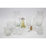 A large pair of glass vases of ovoid form, 15” high; two heavy cut-glass circular fruit bowls, &