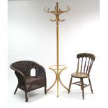 A bentwood hat & coat stand, 77” high; together with a wicker conservatory chair; & a spindle-back