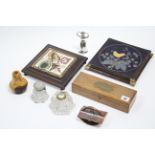 An oak glove box; two glass inkwells; two kettle stands; & sundry other items.