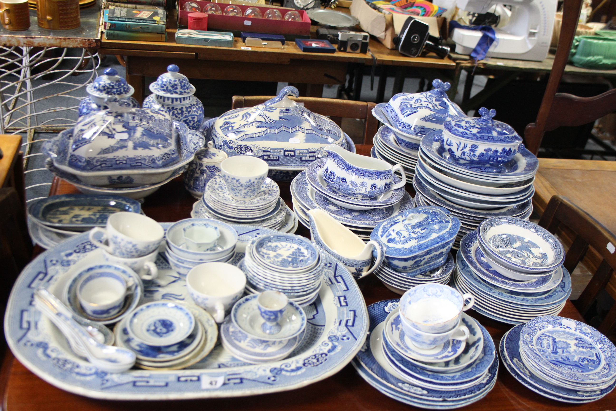 A Staffordshire pottery blue & white “Willow” pattern vegetable tureen; a similar meat plate; & - Image 2 of 4