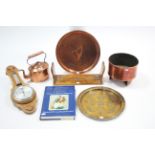 A copper oval kettle; a copper circular cooking vessel; two metal trays; a small wall barometer;