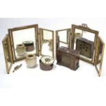 A pair of gilt frame triple-panel free standing dressing table mirrors, part w.a.f.; a clock