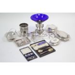 A Sheffield silver plated comport on triform base & fitted with blue glass bowl, 12” diam.; a silver