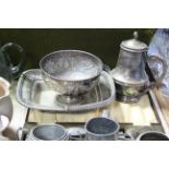 Various items of plated ware, metalware, & cutlery; together with a brass engraved circular tray,