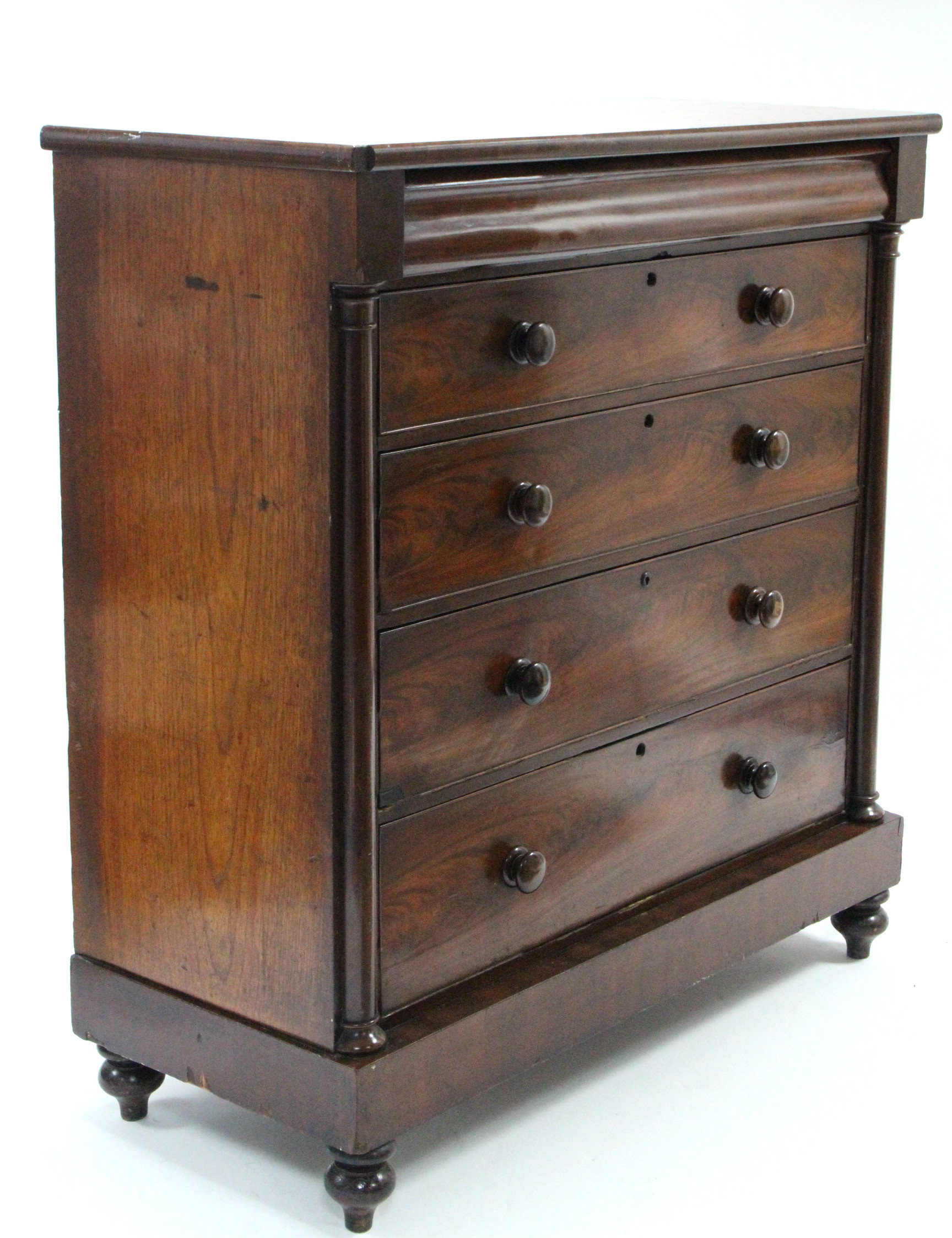 A VICTORIAN MAHOGANY LARGE CHEST, fitted cushion-fronted frieze drawer above four long graduated