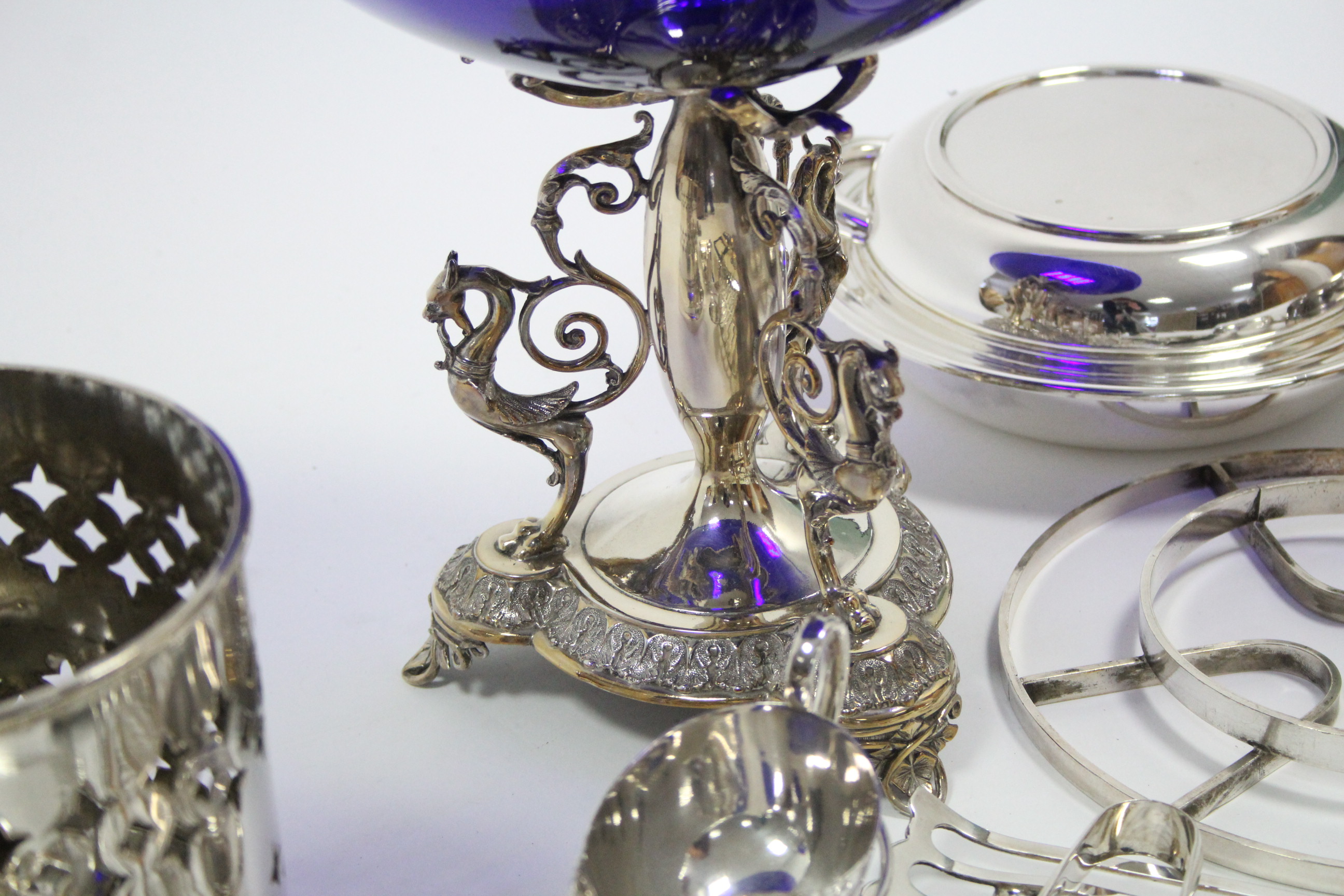 A Sheffield silver plated comport on triform base & fitted with blue glass bowl, 12” diam.; a silver - Image 3 of 4