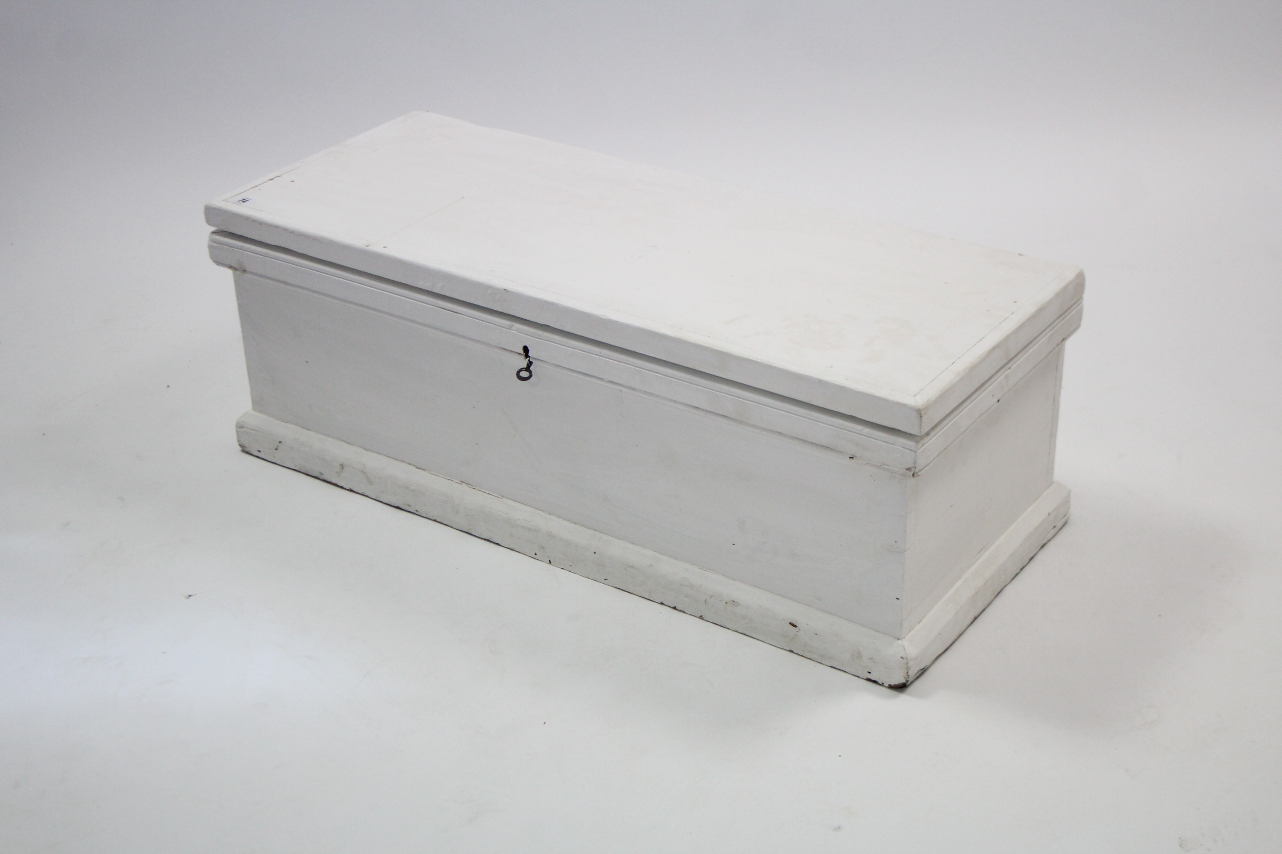 A Victorian white painted pine blanket box with hinged lift-lid, & on plinth base, 39” wide. - Image 2 of 2