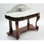 A Victorian mahogany marble-top washstand fitted frieze drawer, on carved scroll legs with shaped
