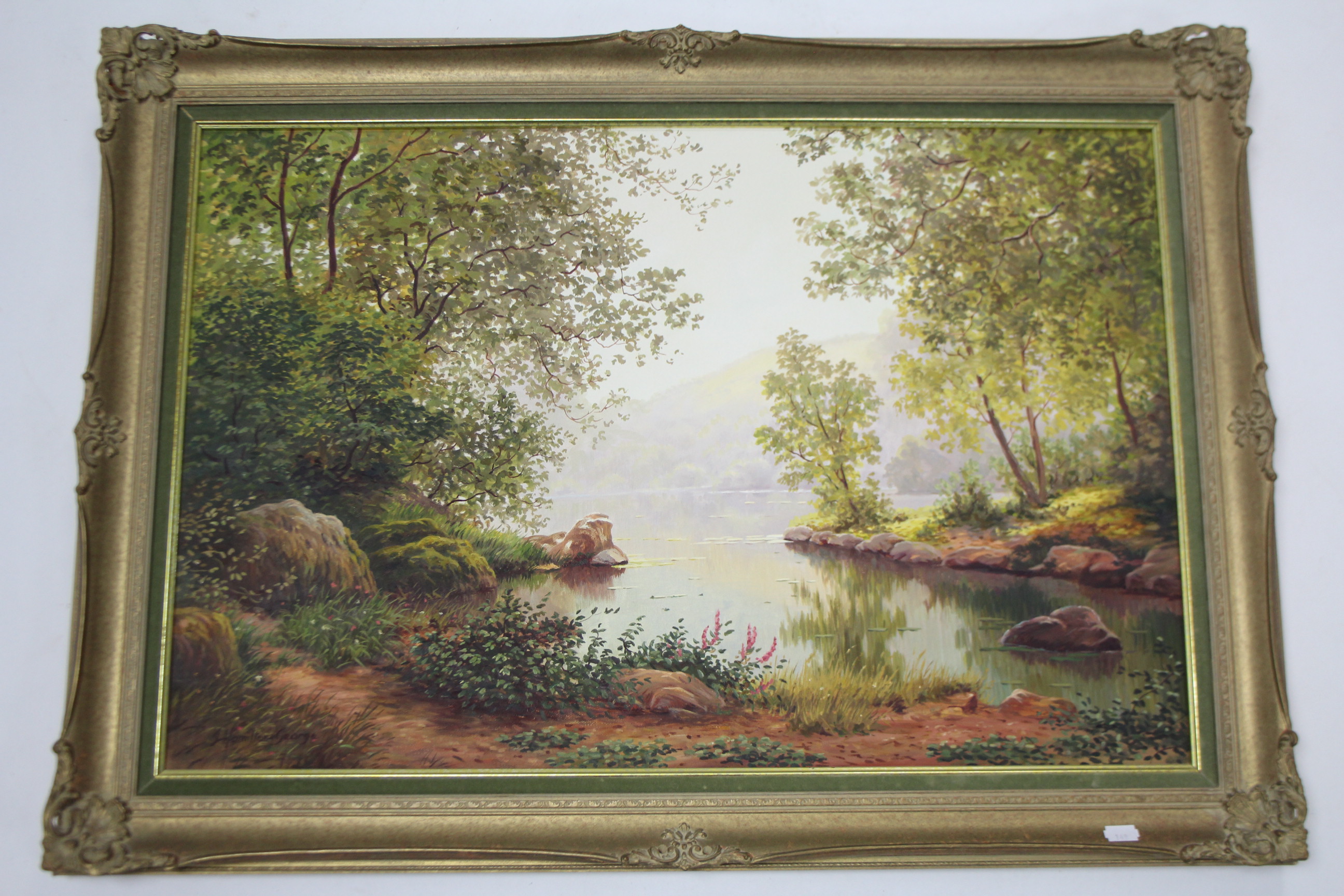 A gilt metal frame oval wall mirror, 19½” x 11”; 7 ten various decorative paintings, all framed. - Image 4 of 9