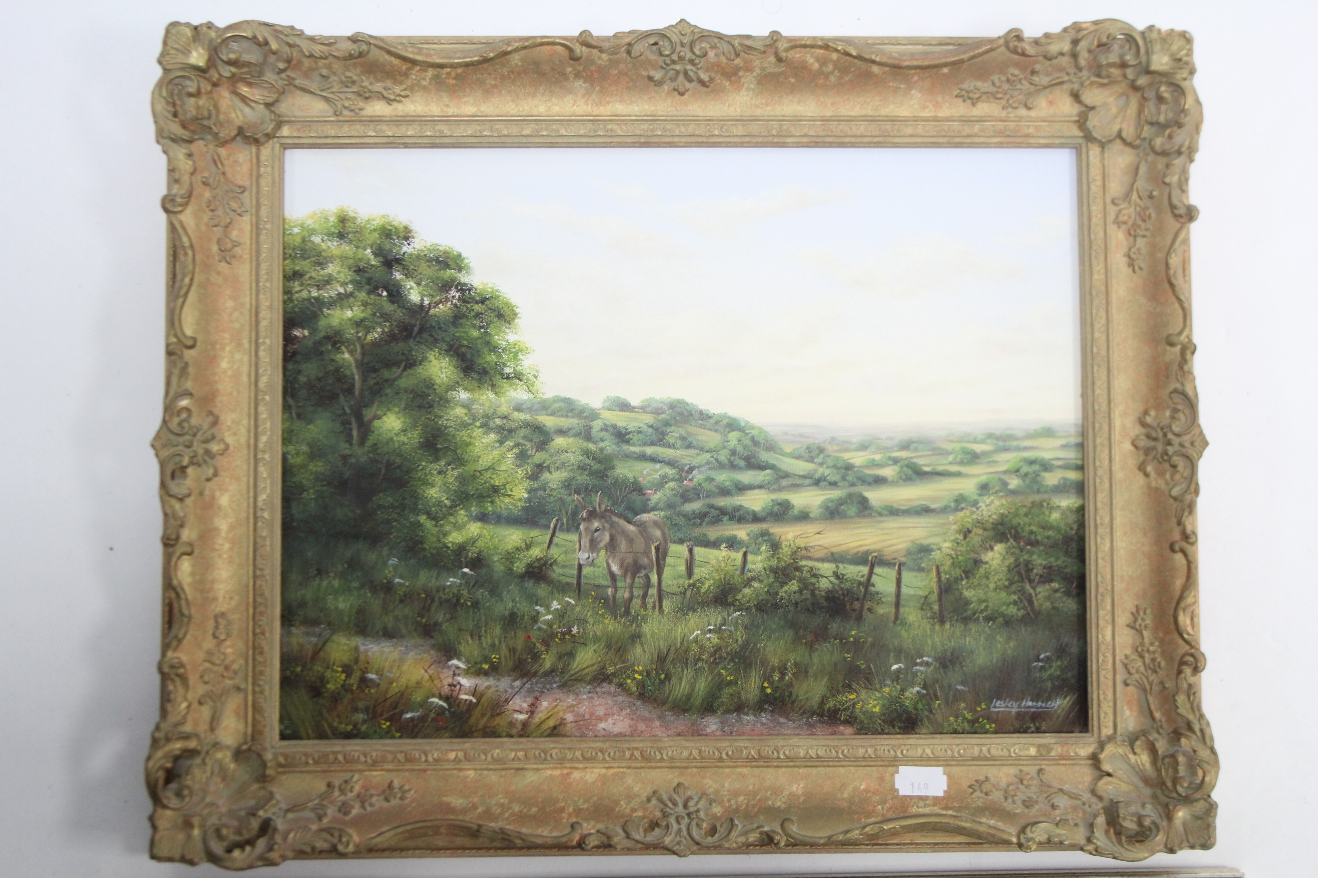 A gilt metal frame oval wall mirror, 19½” x 11”; 7 ten various decorative paintings, all framed. - Image 3 of 9