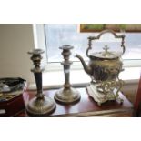 A silver plated spirit kettle on stand; a pair of silver plated candlesticks; & various items of